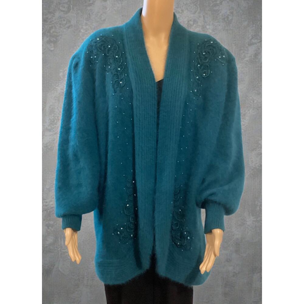 Vintage Eddie Dassin angora lambs wool puff sleeve embellish beaded sz M Teal